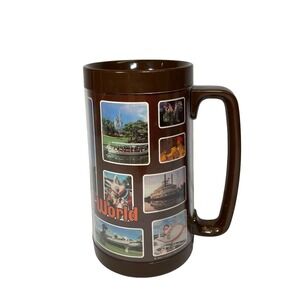 Vintage Walt Disney World Photo Collage 6” Thermo Serv Cup Mug Brown Plastic